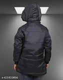 Black padded jacket with a zip front, long sleeves