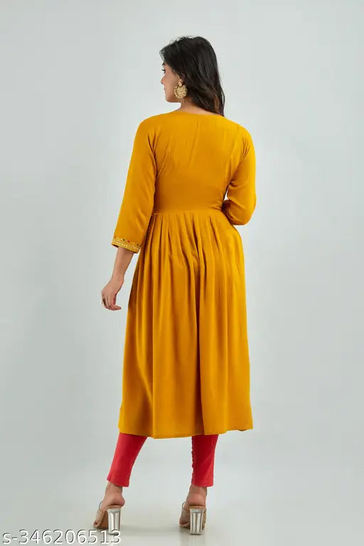 Yellow embroidered viscose rayon Anarkali Kurta with lace work, ideal for party and wedding wear