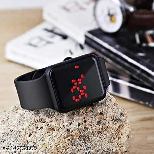 Black digital watch with pink LED display, unisex design