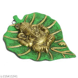 Metal Ganesha leaf wall hanging, 7 inch size, green color, Feng Shui, Vastu sculpture art figurine for home entrance