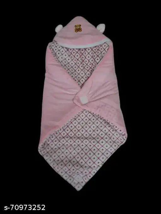 Pink velvet hooded baby swaddler, protects newborn from cold during mild winter