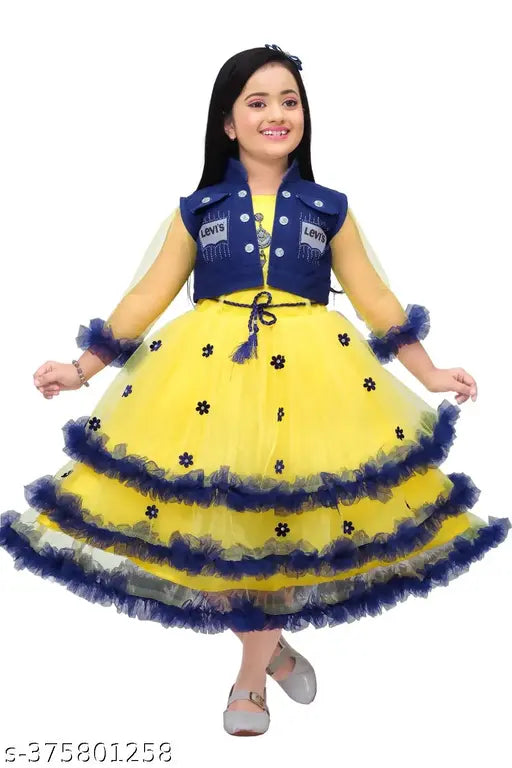 Gold net gown with intricate flower work, three-quarter sleeves and round neck - Indian party wear for girls aged 4-10 years