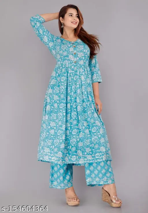 Rayon light daisy print kurta and palazzos set for women, three-quarter sleeves, pack of 2, various sizes available
