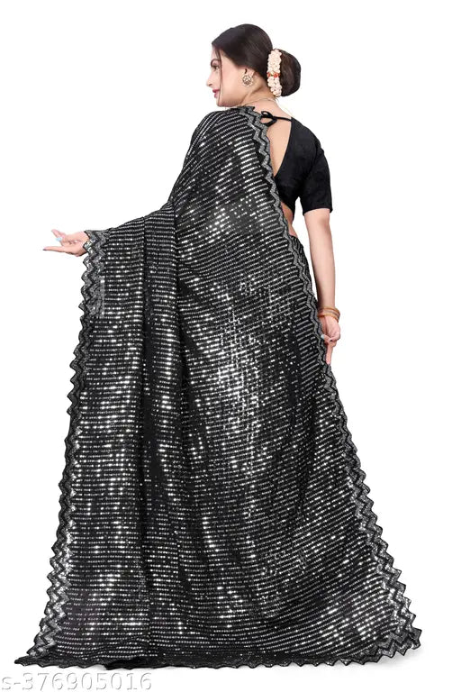 Stylish black georgette saree with metallic silver sequins and long pallu