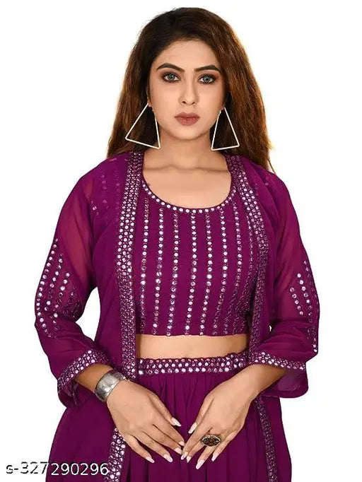 women's georgette indo-western crop top lehenga set, ethnic Indian outfit with shrug for any occasion