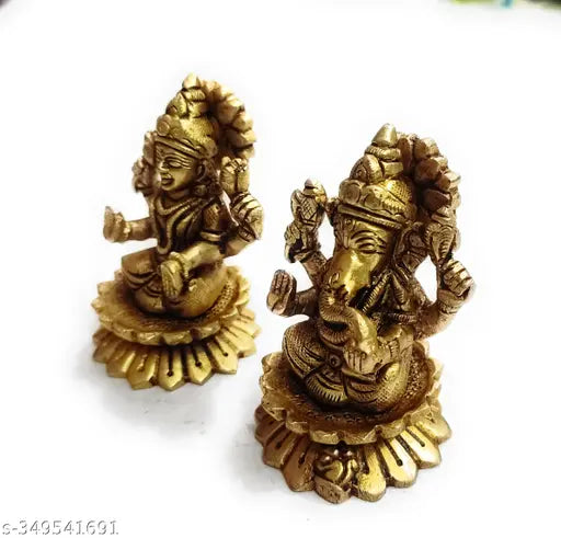 Multicolor brass Ganesh-Lakshmi set (700gm, 5cm x 8cm), Indian deity idols for decorative showpiece