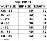 Black women's trousers, zip closure, 30'' length, XS-XXL size chart