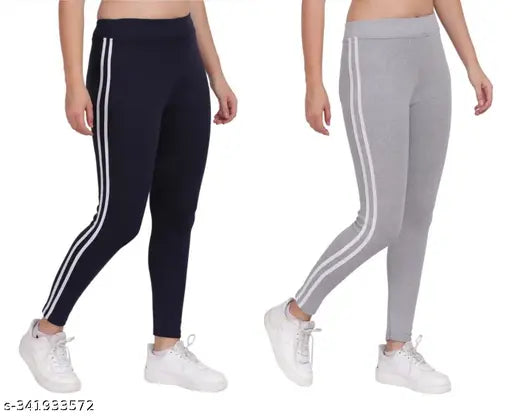 Cotton blend striped net ankle jeggings combo, breathable, soft & stretchy for outdoor or casual wear. Comes in sizes 26-XS to 32/Free Size