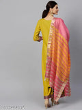 Designer mustard cotton kurti set for women's, solid-patterned Indian outfit with dupatta and bottomwear, three-quarter sleeve length, single quantity
