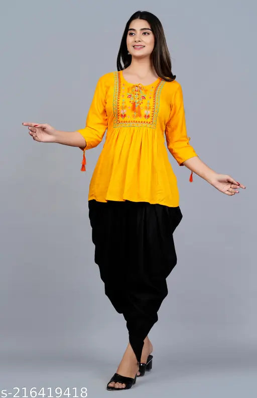 Rayon tunic and dhoti set, embroidered top and bottom, three-quarter sleeves, Indian ethnic wear