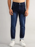 Trendy men's blue denim jeans, button fly closure, slim fit