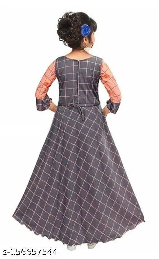 Cotton blend princess angel long ethnic gowns, checked pattern, three-quarter sleeves for kids 4-5 years - STARK India