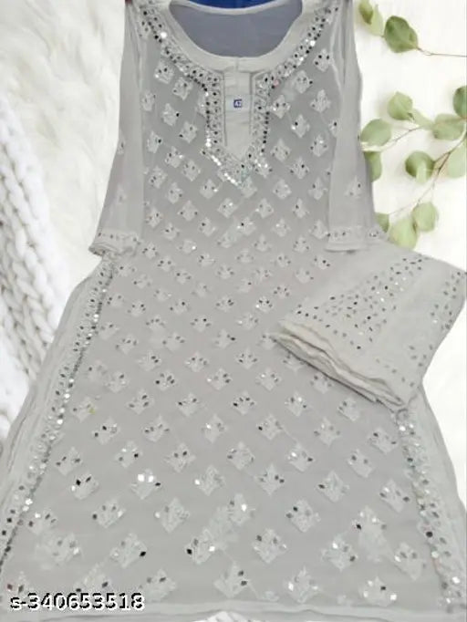 Grey and silver Chikan Kurti with mirror work, sleeveless dress with long skirt