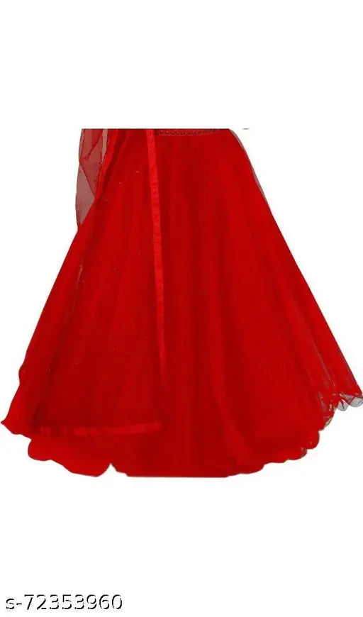 Red embellished semi-stitched lehenga choli (free size) on mannequin, satin bottom, net dupatta with lace detail, traditional Indian bridal wear