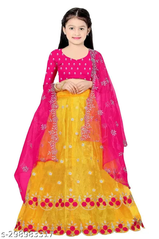 Embroidered kids net fabric lehenga choli and dupatta, semi stitch cutwork design in Dupion silk, India origin