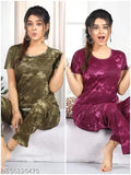 Printed satin nightwear set for women and girls, featuring top & pyjamas in short sleeves pattern, India-made