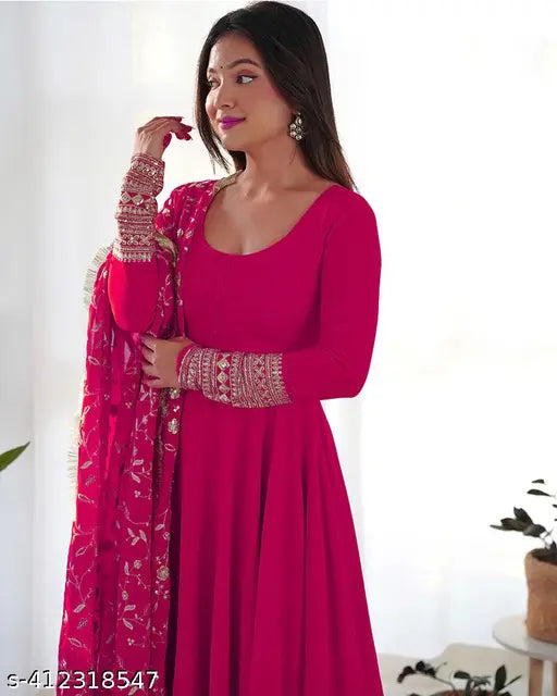 Women's S Georgette Embroidered Gown with Pant and Dupatta Set, featuring long sleeves and a length of 52 inches. Made of georgette material, this traditional Indian outfit includes a stitched dupatta with embroidery. Pack of 3 sizes: S, M, L, XL, XXL (India)