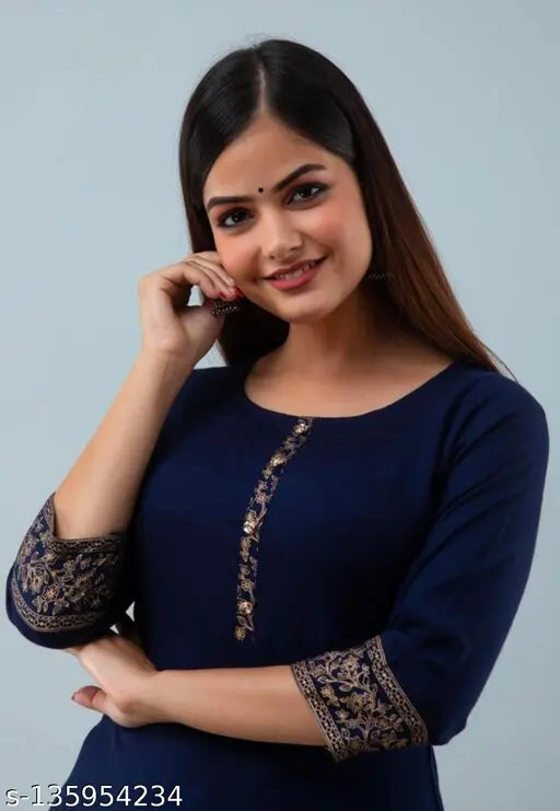 Rayon kurti with gold print border, three-quarter sleeves, trendy Indian fashion on mannequin