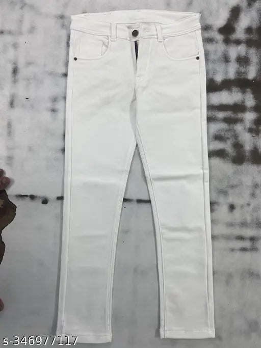 Cotton blend, stretchable men's white jeans with vintage ripped pattern. Comfortable for every man, latest design, size 26/28 (Waist 28, Length 38, Hip 30). Made in India