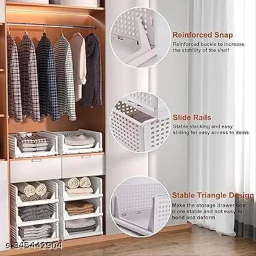 Four-layer clothes organizer with foldable and stackable design in wardrobe cupboard, enhancing storage space