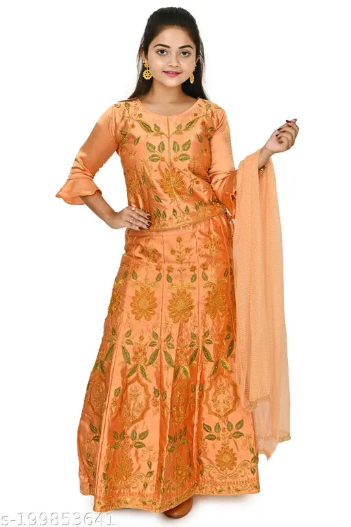 Trending satin and net lehenga-choli set for girls, embroidered with three-quarter sleeves, available in various sizes from 2-16 years. Indian traditional wear for celebrations