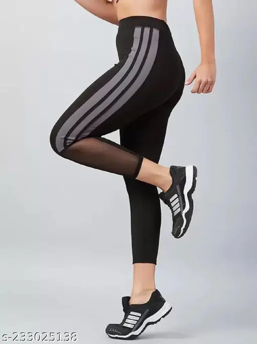 Striped net lycra track pant for women's gym & track wear, classic look, size 28, India origin