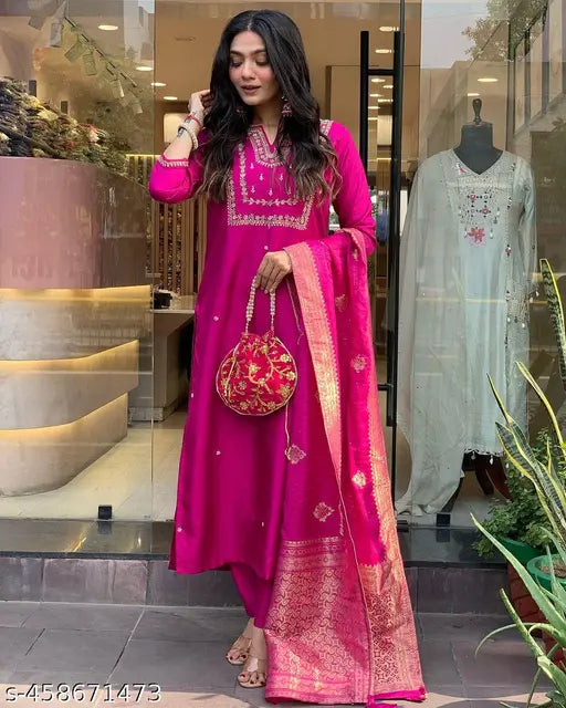 Silk-blend Adesh Kurta set with dupatta and bottomwear, embroidered solid color viscose chanderi top, plain jacquard dupatta, perfect for Indian festivals or formal events, size S (Bust Size: 36 in, Shoulder Size: 14 in)
