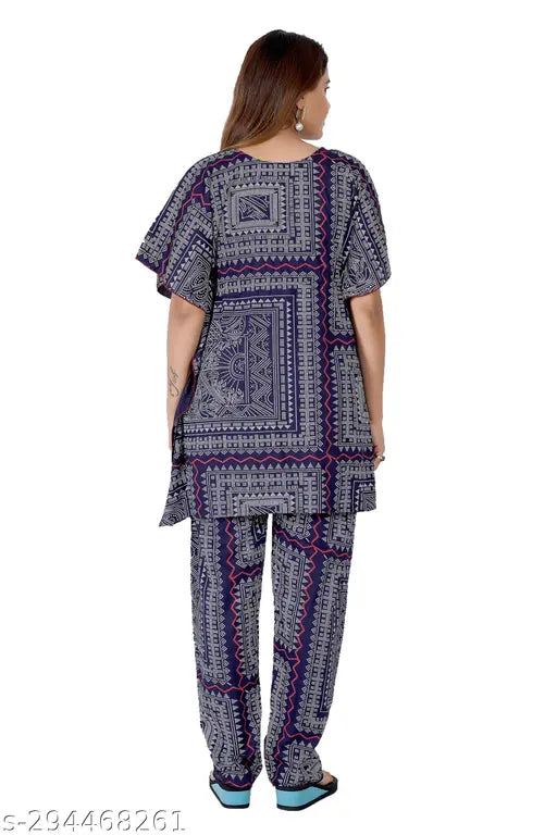 Girls/Women's printed rayon cotton kaftan-style pyjama set in XXL/2XL, L sizes. Comfortable, stylish nightwear with fancy design, premium quality fabric from India." (108 characters)