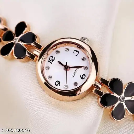 White analog watch with floral pattern bracelet, women's classy fashion accessory