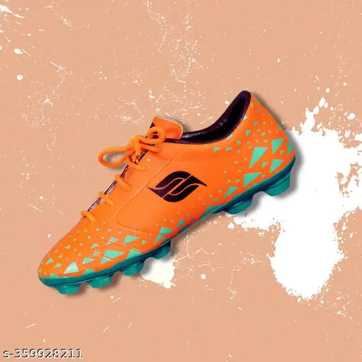 Orange football cleat with black branding and black laces