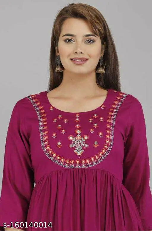 Rayon embroidered women's kurta, three-quarter sleeve, wine color, Indian fashion