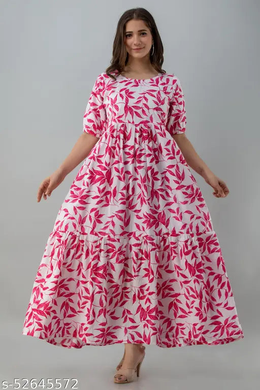 Pink and white floral pattern, long skirt with slit at sides, sleeveless top
