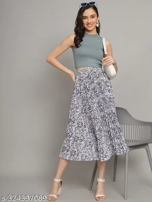 Printed pleated midi skirt, premium quality polyester, elegant western Lehenga design for women, suitable for various occasions and seasons