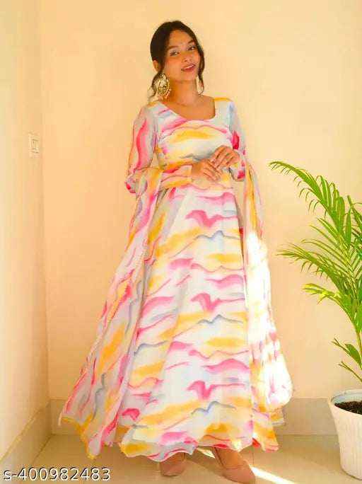 Printed Georgette Anarkali gown set with dupatta, long sleeves, vibrant Indian design. S-XXL sizes