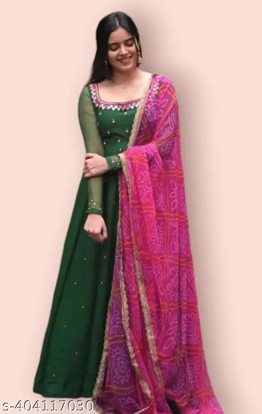 Green bandhani Georgette dupatta with mirror work and digital print, featuring long sleeves and maxi dress. New design with flare and subtle detailing. Made in India, size S-4XL