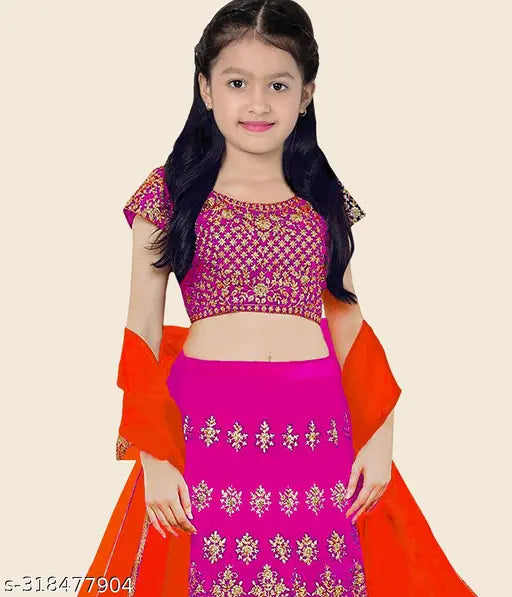 Silk blend embroidered lehenga choli, choli and net dupatta set for girls aged 5-14 years, Indian origin