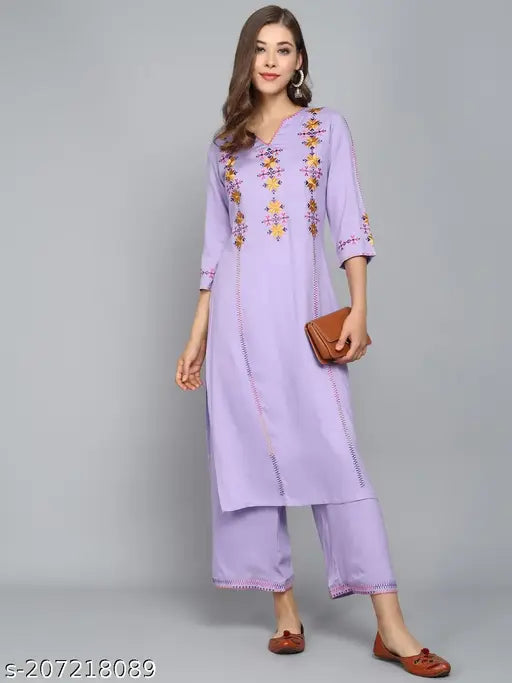 Rayon embroidery women's kurti set with palazzos, festive wear for parties and casual occasions, India origin
