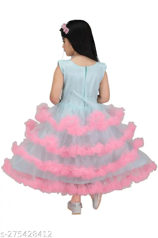 Pink net frock gown, sleeveless, embellished, girls' partywear - India