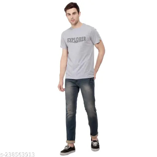 John Peters Men Grey Premium Cotton T-Shirt - Classic EXPLR design, short sleeves, comfortable and durable for sports and activewear