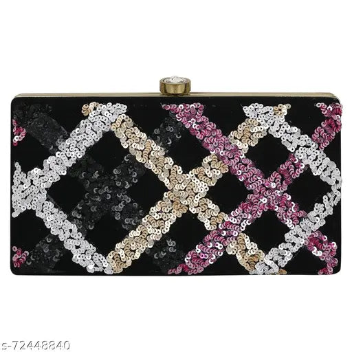 Black handcrafted womens clutch with sequins, featuring gold hardware