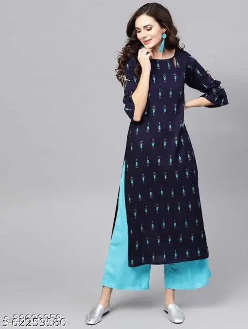 Rayon printed kurta plazzo set, three-quarter sleeves, India-origin rayon fabric, classic yet sophisticated