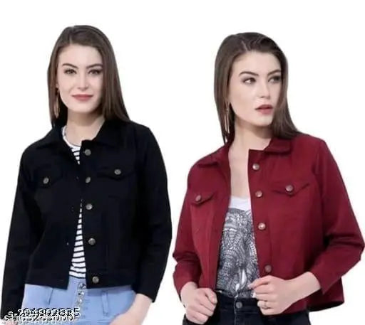 Colorful denim jackets collection: pink, black, neon, maroon, three-quarter sleeves, Zooni Girls winter wear