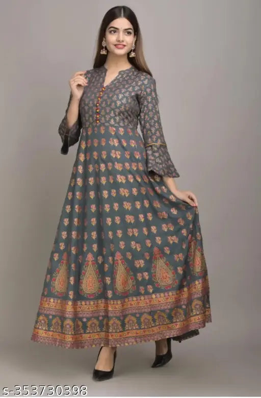Grey cotton embroidered long kurti with paisley patterns