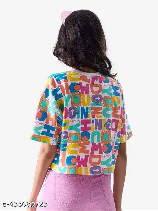 White crepe short sleeve printed T-shirt for women, featuring ABCD typography in multiple colors: pink, blue, orange, green, yellow