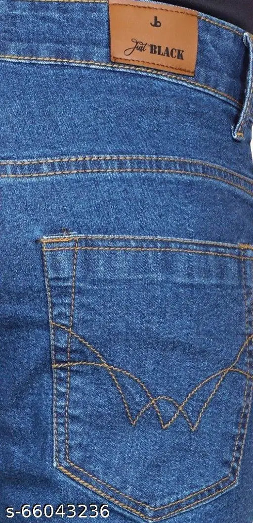 Black cotton men's straight navy jeans, solid medblue color, regular fit and stretchable, sizes 28, 30, 32, 34, 38 (waist 28-38, length 42in), made in India
