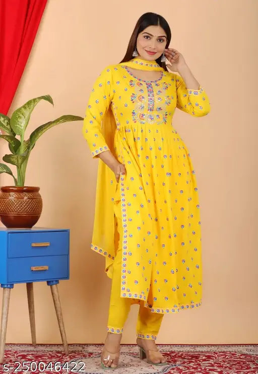 Yellow rayon embroidered kurta pant dupatta set, indigo multicolor print with round neck and floral embellishments, Indian ethnic clothing for women