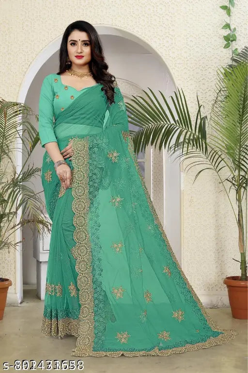 Net green embroidered saree with separate blouse, Indian heavy butterfly net embroidery