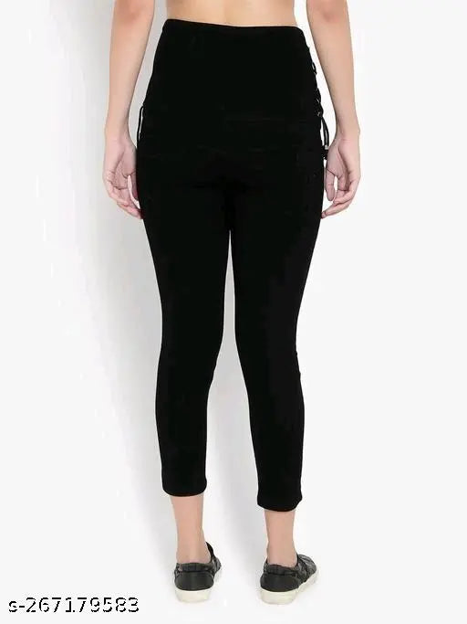 Black stretchable ankle-length denim jeans with 8 buttons and high waist, suitable for both girls and women