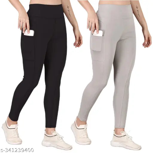 Stretchable ankle-length yoga pants set, polyester, solid color, women's gym workout tights with pockets, pack of 2 - high-rise slim fit for flexibility and comfort