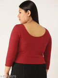 Maroon cotton crop top, plus size women's solid color knit with three-quarter sleeves and round neck, available in multiple sizes from 40 to 52 inches bust